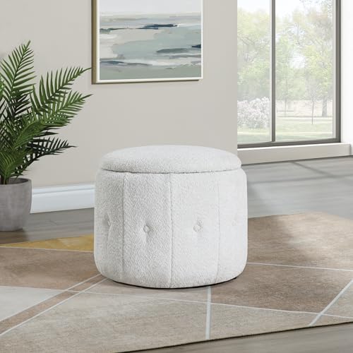 OSP Home Furnishings Brayfield Round Upholstered Storage Ottoman, Sherpa Parchment Fabric