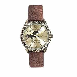 Yellowstone Analog Watch for Men – Antique Gold Alloy Case with Western Engraving – Distressed PU Leather Strap – Sunray Dial with Ranch Horse Artwork – Quartz Movement – Fits Wrists 5.5″ to 8″