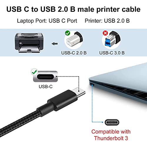 rts Hight Speed USB Type C Printer Cable(2M)Nylon Braided 480Mbps Data Transfer Compatible With Printers Scanners Fax Machine Macbook Pro/Air Epson HP Canon Yamaha Digital Piano,MIDI Keyboard,DJ,Black