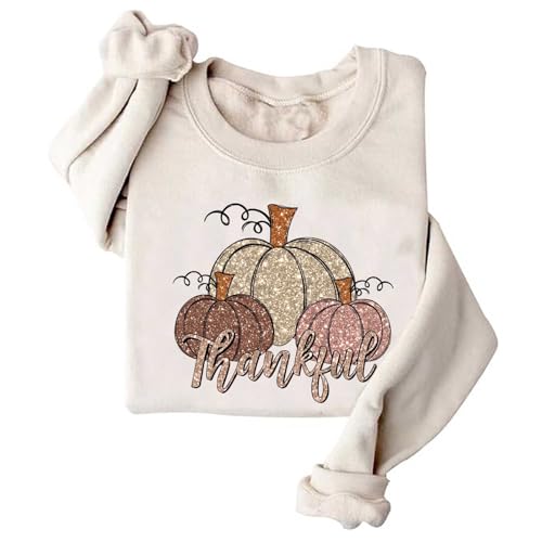 Image of TONGCHEN Thankful Pumpkin Sweatshirt Fall Autumn Thanksgiving Sweatshirts for Women Gift Holiday (US, Alpha, Medium, Regular, Regular, Khaki)