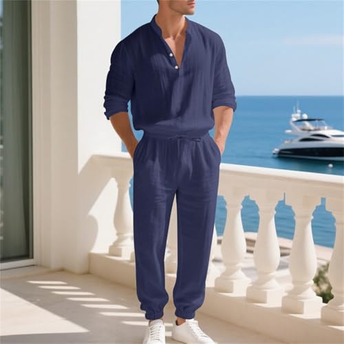 Men's Stylish 2 Piece Linen Shirts Suit Henley V Neck Pants set Retro Soft Casual Wear2