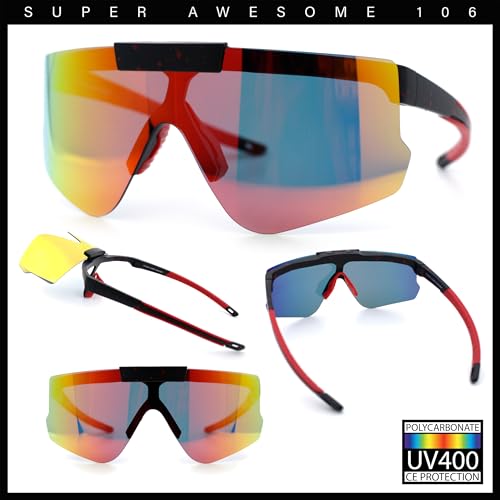 Image of SA106 Polarized Mens Flip Up Rimless Oversized Shield Plastic Sport Sunglasses