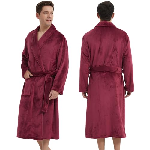 Fleece Men's Bathrobe,Long Warm Men's Bathrobe,Men's Spa Bathrobe with Belt and 2 Pockets2