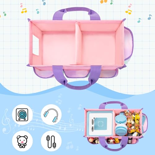 Image of Carrying Case Compatible with Toniebox 2 /1, Handle Bag for Audio Player Starter Set, Accessories Storage Pockets for Figures, Cables, Hollow Side Design for Playing Music Directly, Pink, Case Only