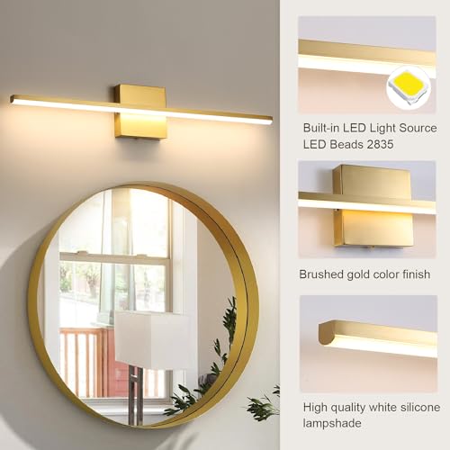 Image of Modern Bathroom Vanity Light 24 Inch, 18W Brushed Gold Bathroom Light Fixture Over Mirror, Dimmable 5CCT LED Wall Sconce Lighting for Restro