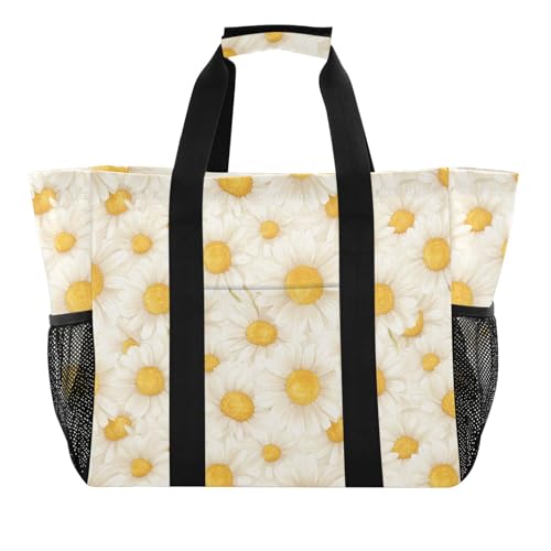 linqin Chic Daisy White Large Utility Tote Bag for Women Canvas Foldable Grocery Shopping Tote Sandproof for Travel