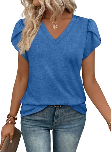 WIHOLL Womens Tops Dressy Casual V Neck Teacher Shirts Summer Outfits 2026 Vacation Fashion Clothing Blouses for Women Blue L