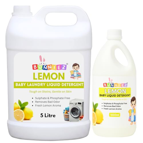 Bunniez Baby Laundry Liquid Detergent 5L + 1L | Lemon Fragrance | Low Foam, No Residue | Front & Top Load Washing Machines