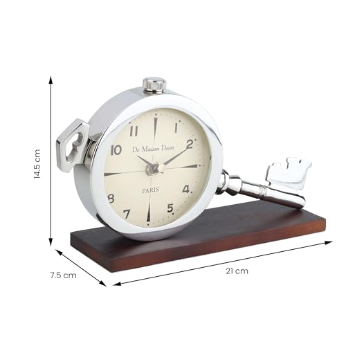 Image of Decor de Maison Handcrafted Areios Analog Table Clocks, Cute Simple Design Small Desk Clock,Silent Non-Ticking, Battery Operated, Key Design, for livingroom, Decor, in Silver 26CM