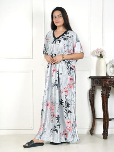 Image of Women's Printed Satin Blend Kaftan Nighty /Nightgown /Nightwear /Maxi WSR-185