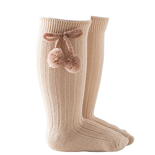 Kaerm Toddler Baby Girls Knee High Socks Cute Velvet Bow Pom Poms Stockings Cozy Warm Cable Knit Winter Sock