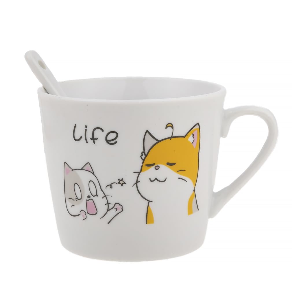 lachineuse - Porcelain Mug Cat Happy & his Spoon - Duo Cats - Life Collection - 200 ml - Petit Déj & Pause Détente - Coffee, Tea, Hot Chocolate - Asia, China, Japan Gift Idea - White