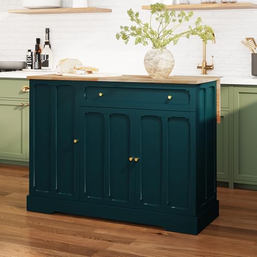 HLR Kitchen Island Cart with Storage, Carved Doors Modern Rolling