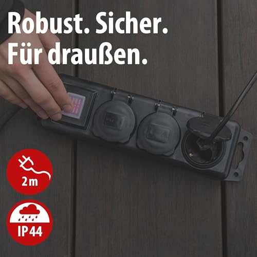 Brennenstuhl Steckdosenverteiler IP44 3-Fach (Outdoor Steckdosenleiste mit Schalter, 2m Kabel, selbstschließende Deckel, Mehrfachsteckdose für außen für den robusten und ständigen Einsatz im Freien)