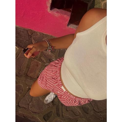 Image of GGOOB Gingham Boxer Shorts for Women Trendy Summer Y2k Low Rise Lounge Shorts Coquette Pajama Shorts Preppy Clothes (Red Gingham,S,Small)