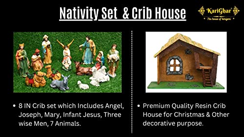 Image of KariGhar Nativity /Crib Idols Set of 16 Pieces (8 inch)[Pack - Crib House, Mary, Joseph, Baby Jesus, Angel, 3 Wise Men, The Shepherd, 7 Animals], Multicolour, A0099