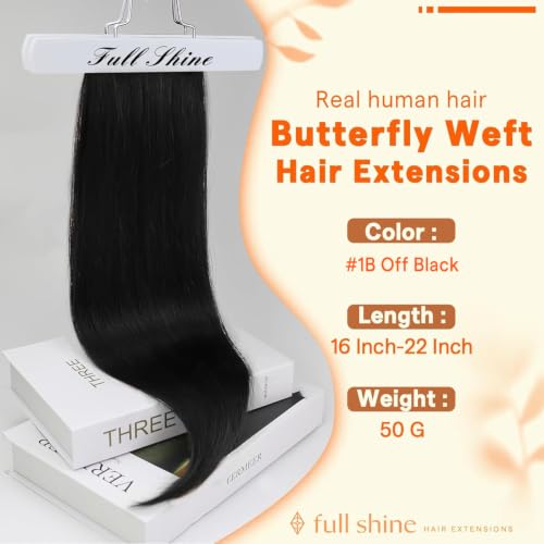 Image of Full Shine Butterfly Weft Hair Extensions Human Hair 16 Inch 50G Off Black | Silky Straight Volume, Invisible PU Hole Design, Natural Blend for Women, Daily Styling, Seamless Coverage Solution