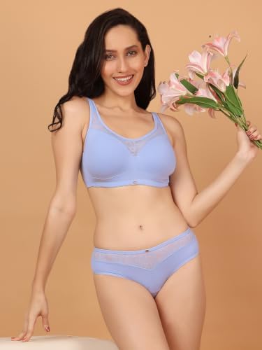 Image of SOIE Women's Full Coverage Padded Bra and Mid Rise Brief with Lace Detailing