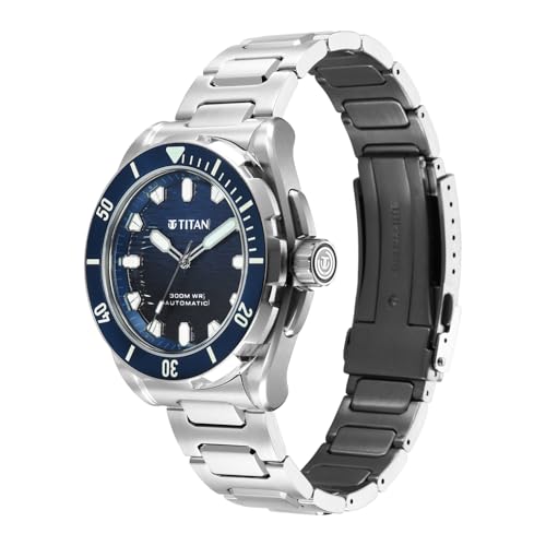 Image of Titan Zero Hour Diver's 300m Automatic Analog with Blue Dial Silver Stainless Steel & Blue FKM Strap Watch for Men - 10069KM01