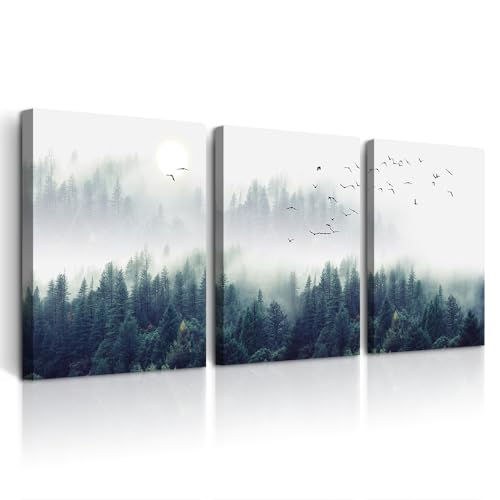 DZRWUBHS Modern Canvas Wall Art For Living Room Large Wall Decor For Bedroom Foggy Forest Trees Landscape Painting Home Decor Stretched And Framed Ready To Hang Pictures 3 Panels Wall Decoration