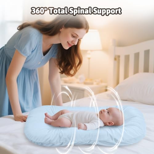 Image of Baby Lounger, Baby Lounger for Newborn 0-24 Months, 100% Breathable Cotton Baby Nest for Tummy Time & Diaper Changes, Portable Infant Essentials for Home & Outdoor(Misty Blue)