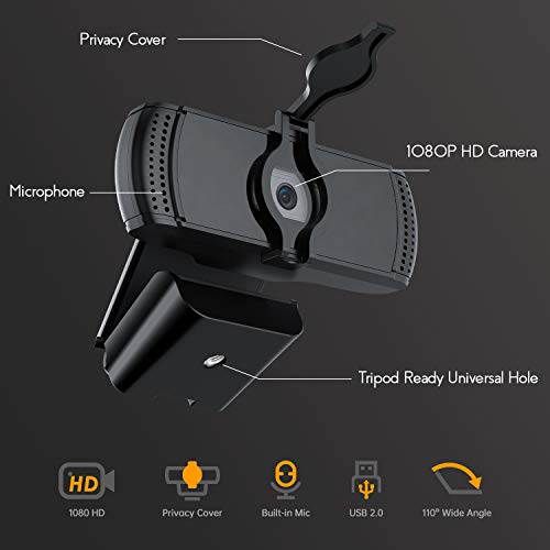 image for Webcam with Microphone and Privacy Cover, BOIFUN 1080P Computer Laptop