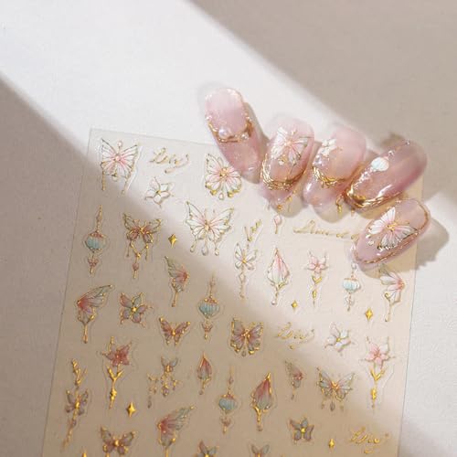 Image of Butterfly Nail Art Stickers Flower Nails Decals with Gold Design Pink Floral Nail Sticker for Nails Art 5D Embossed Self Adhesive Nails Charms for Women Girls Manicure DIY Decoration