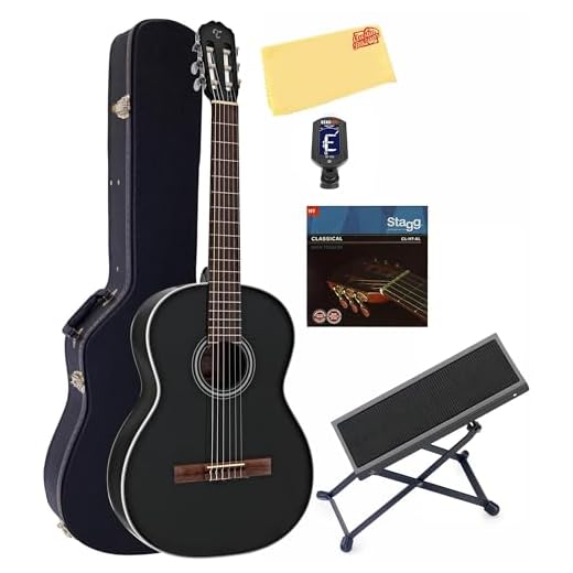 Takamine GC2 Classical Guitar - Black Bundle with Hard Case, Foot Stool, Tuner, Strings, and Austin Bazaar Polishing Cloth
