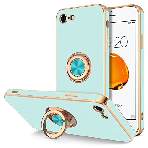 Image of Hython Case for iPhone SE Case 2022 /2020, iPhone 8 7 Case Ring Holder Stand Magnetic Kickstand, Plating Rose Gold Edge Soft TPU Bumper Cover Shockproof Protective Phone Cases Women Girls Boys, Mint