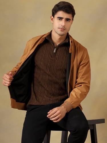 Image of Kvetoo Men's Wool High Neck Zipper Sweater, Full Sleeve Cable Knit Quarter Zip Winter Pullover