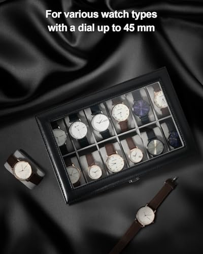 Uten Uhrenbox für 12 Uhren, Uhrenkasten Uhrenschatulle aus PU und Samftfutter mit klarem Fenster, Uhrenkoffer Geschenk