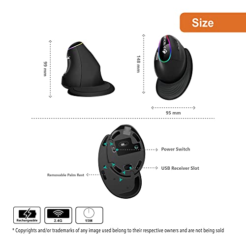 Image of J-Tech Digital Ergonomic Mouse with Wireless Connection, Removable Palm Rest, Thumb Buttons, Rechargeable Battery, 800 DPI, Compatible with Windows and MAC OS