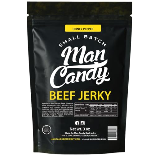 Man Candy Small Batch Beef Jerky Honey Pepper Flavor Sweet and Spicy Premium Beef Snack High Protein - 5 Grams of Protein and 50 Calories per Serving -3 oz