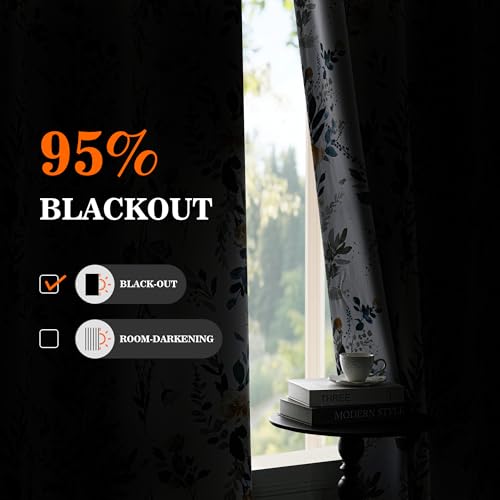 Image of MYSKY HOME 95% Blackout Floral Curtains 90 inch Long for Bedroom Living Room Flower Patterned Room Darkening Thermal Insulated Soundproof Grommet Window Treatments, 2 Panels, 52 inch Wide, Yellow and Blue