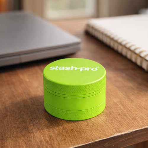 Image of Stash-Pro Small Neon Crusher (Green) | Compact Mini Metal Crusher /Grinder | 38mm Diameter x 23mm Height | Textured Grip | Pocket Size | Easy Twist Design