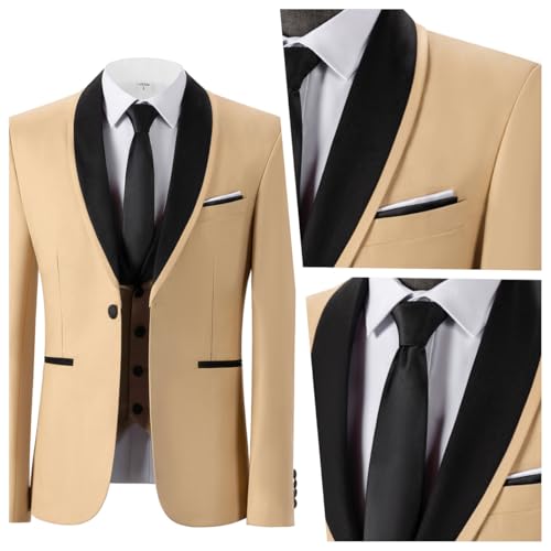SevenBoy Mens 3 Piece Suit Shawl Lapel Blazer Vest & Pants Set Stretch Polyester Business Casual Suits3