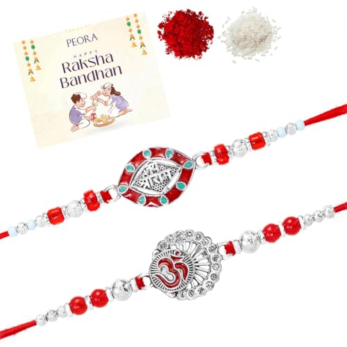 Image of Peora Rakhshabandhan Thread Rakhi for Brother Bhaiya | Kundan Beads & Crystal Studded | Combo Set of 2 | Rakhi Hamper Roli Chawal & Greeting Card