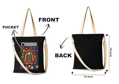 Image of ZORI Black Sling Tote Bag With Pocket and with Beige Straps, Tote Bags For Women large capacity,Tote bag For Shopping, College, Travel, More Canvas Handbag For Unisex