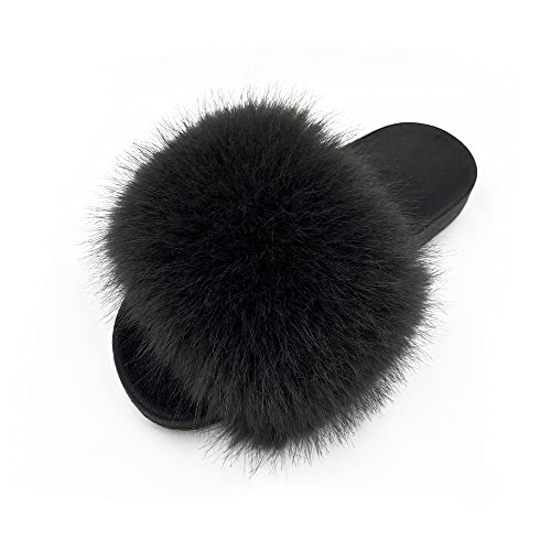 Image of Women's Faux Fur Slides Slippers Fluffy Fuzzy Sandals Open Toe Furry Slide Flip Flop Indoor Outdoor