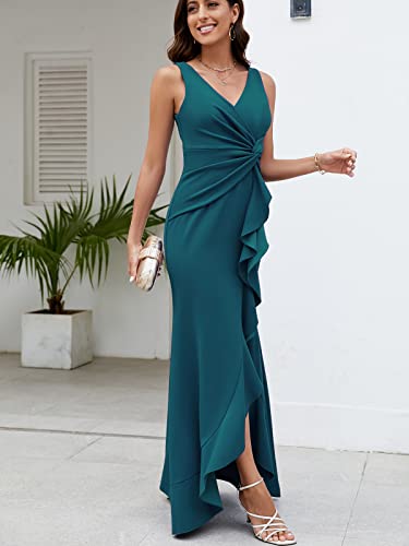 Fqa F10797-PEACOCK BLUE-XL Long Wedding Guest Dresses For Women Formal Gowns And Evening Dresses Peacock Blue V Neck Sleeveless Split Wrap Elegant Dresses thumb #1