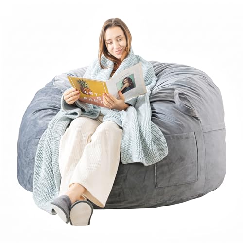 EDUJIN Bean Bag Chair, Memory Foam Bean Bag Chairs for Adults, Soft Velvet Cover, Stylish Beanbag Sofa for Living Room, Convenient Pocket & Pull-Handle Design - 3 Foot, Grey