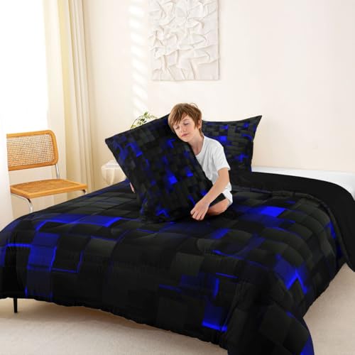 Image of Erosebridal Black Navy Royal Blue Comforter Set Full Neon Geometric Checkered Bedding Set for Teen Boys Gamer Room Decor,Abstract Stereoscopic Grids Quilt Square Plaid Check Bed Set 3 Pcs