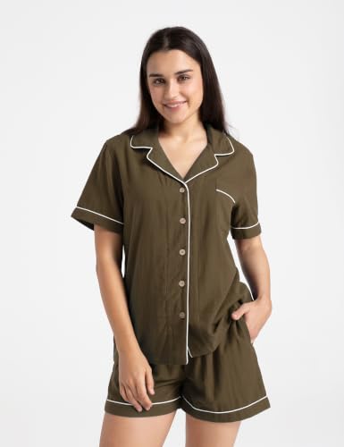 Image of Womens Muslin Pajama Set 100% Cotton Double Gauze Linen Like Breathable Soft Button Up Loungewear Sleepwear PJ Set