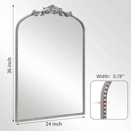 Image of Antique Silver Arch Wall Mirror, 24 inchx36 inch Traditional Vintage Mantel Mirror with Ornate Metal Frame, Baroque Victorian Mirror for Fireplace /Entryway /Bathroom /Living Room /Hallway