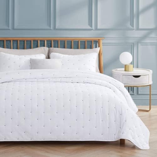 VEEYOO King Size Quilt Set White - Unique Stitches Pattern Lightweight Quilting Bedspread (108x98 inches), Soft Microfiber Reversible Coverlet for All Seasons