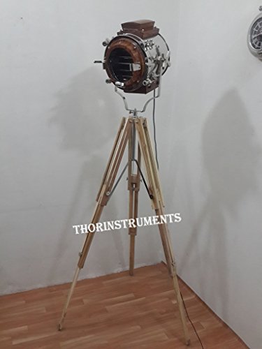 THOR INSTRUMENTS Hollywood Photography Chrome Studio Floor Lamp Searchlight Spot Light Teak Wooden Tripod Stand Rustic Vintage Home Decor Gifts