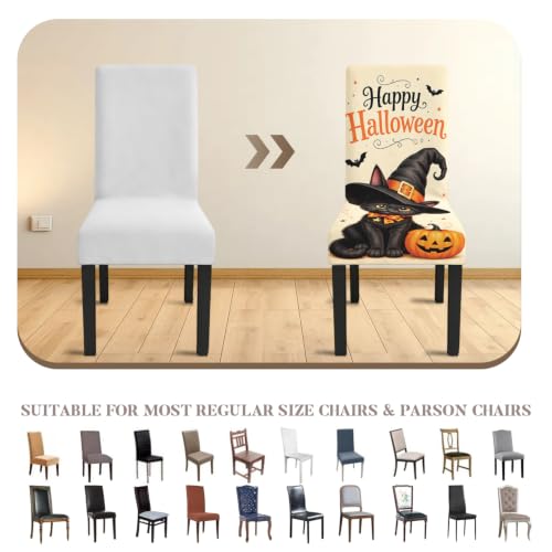 Image of Halloween Cat Dining Chair Covers Set of 4, Witch Hat Slipcovers