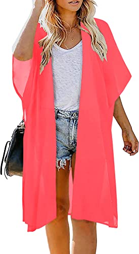 Image of Indian Trendy Women's Solid Puff Sleeve Kimono Long Cardigan Loose Cover Up Casual Blouse Top Chiffon