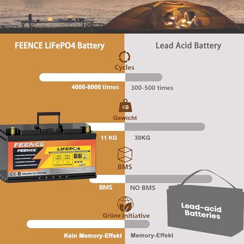 Autobatterie 100Ah FEENCE 12V Lithium Batterie mit 190mm Höhe