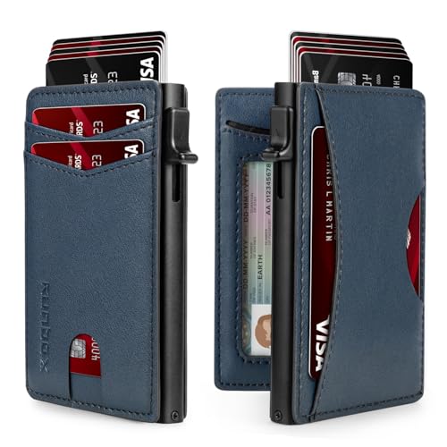 RUNBOX Slim Card Wallet for Men with ID Window – Minimalist RFID Wallet, Pop-Up Function, Ultra Thin Design, Metal Business Card Case Holds 8+ Cards, Gifts for Men, Men's Accessories